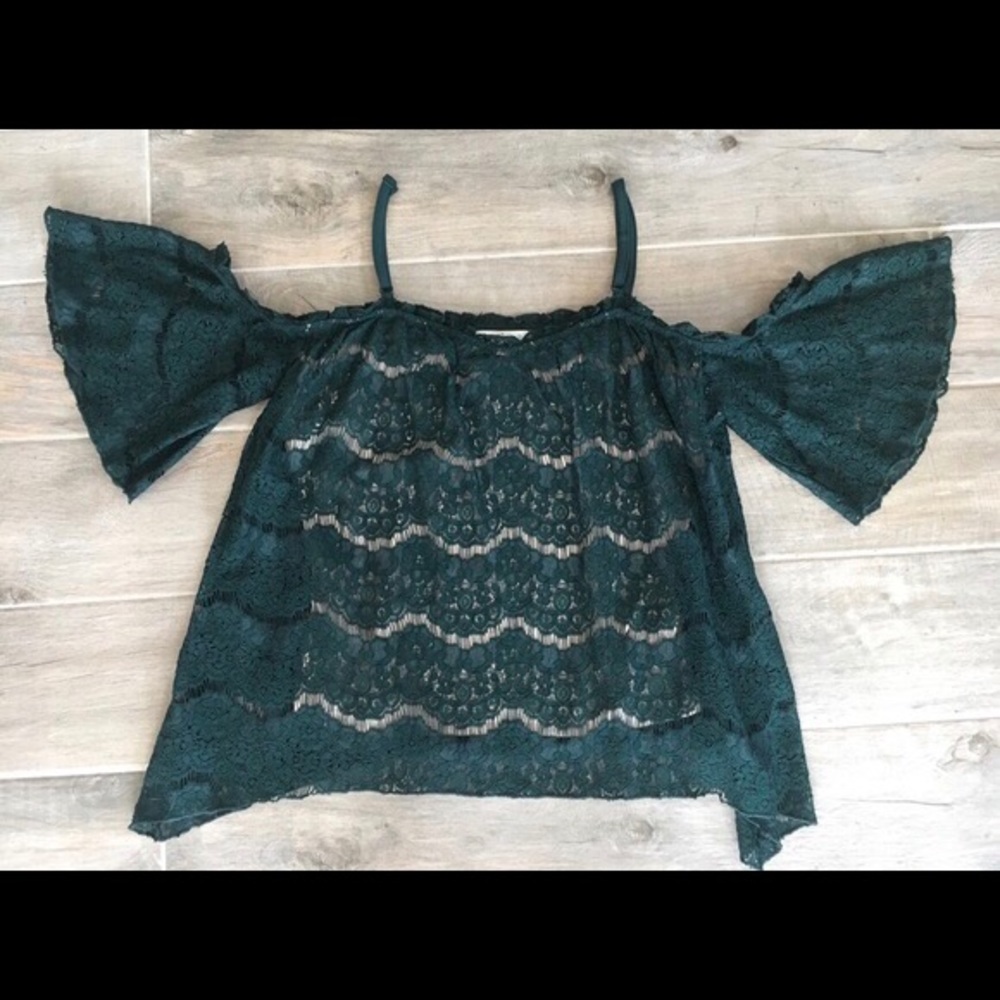 Dark Green Lace Cold Shoulder Top